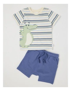 Y/D Stripe Crocodile Applique T-Shirt in Bone