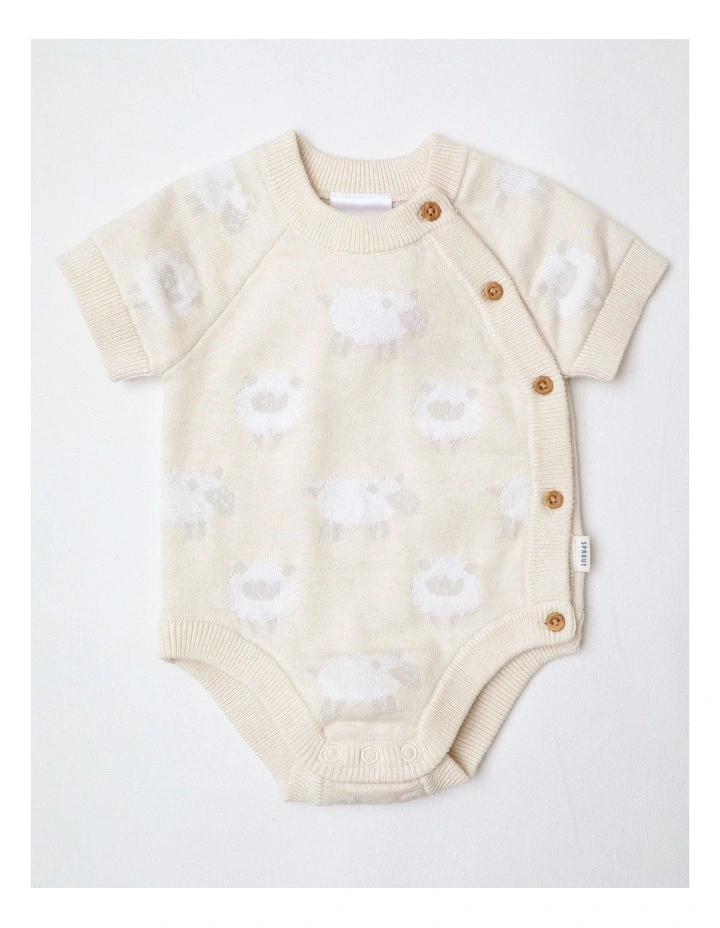 Newborn Cute Sheep Knit Bodysuit in Oat Marle image 1