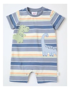 Dino Stripe Applique Romper in Stonewash