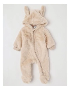 Hooded Fur Zip Thru Coverall in Beige