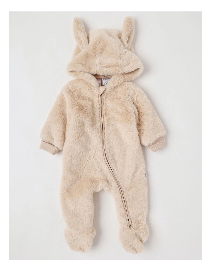Hooded Fur Zip Thru Coverall in Beige image 1