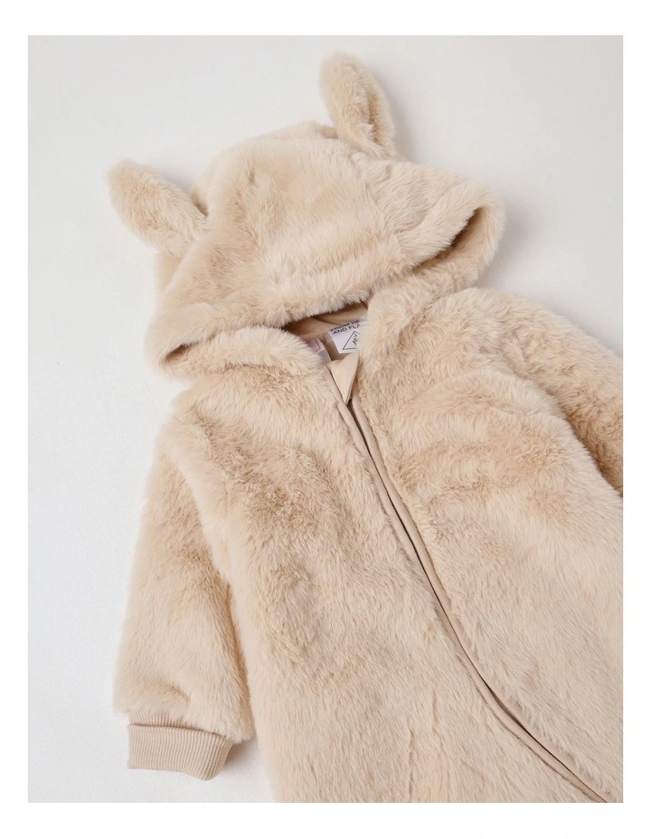 Hooded Fur Zip Thru Coverall in Beige image 2