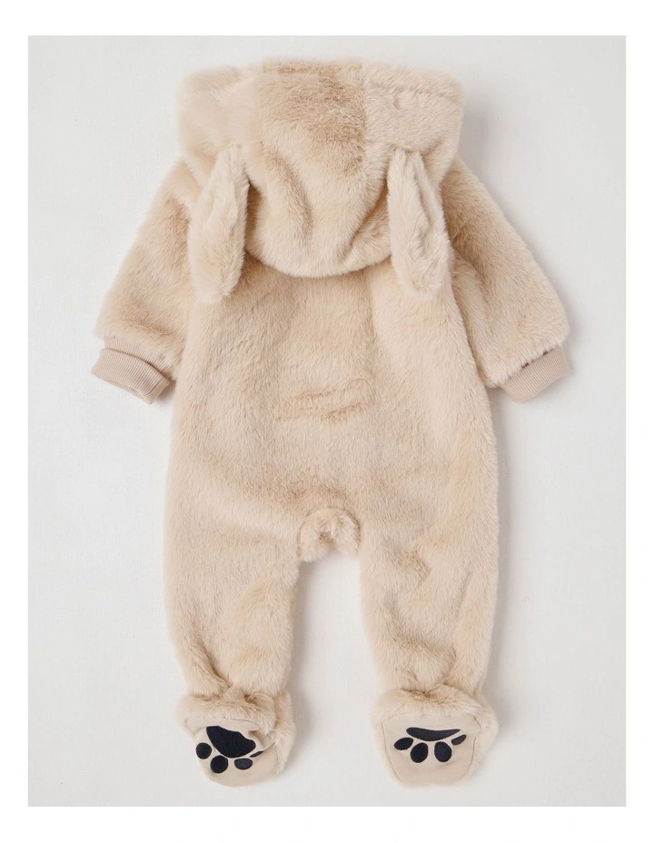 Hooded Fur Zip Thru Coverall in Beige image 3