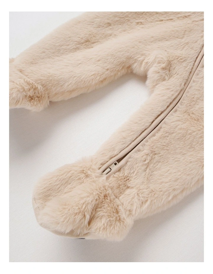 Hooded Fur Zip Thru Coverall in Beige image 4