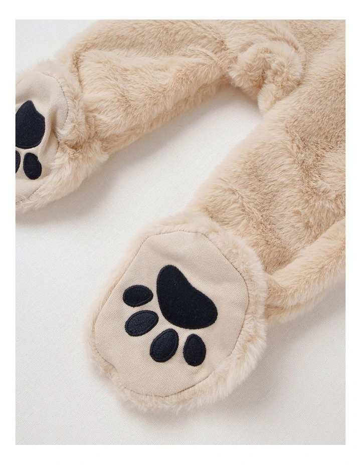 Hooded Fur Zip Thru Coverall in Beige image 5