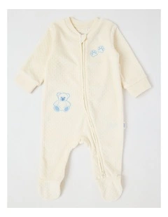 Newborn Teddy Bear Velour Embroidered Coverall in Cream