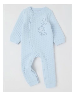 Newborn Quilted Teddy Bear Embroidered Coverall in Blues