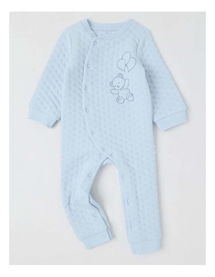 Newborn Quilted Teddy Bear Embroidered Coverall in Blues image 1