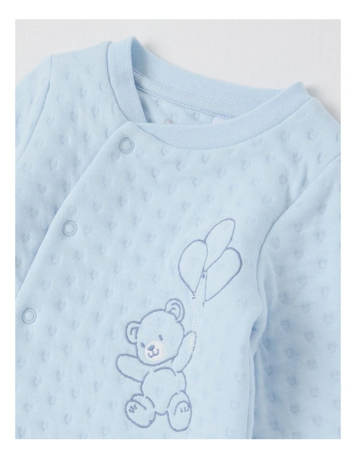 Newborn Quilted Teddy Bear Embroidered Coverall in Blues image 2