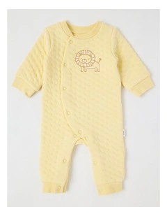 Newborn Lion Quilted Embroidered Coverall in Lemon