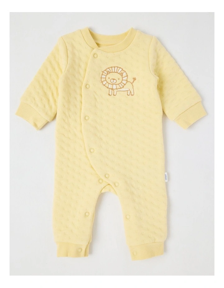 Newborn Lion Quilted Embroidered Coverall in Lemon image 1