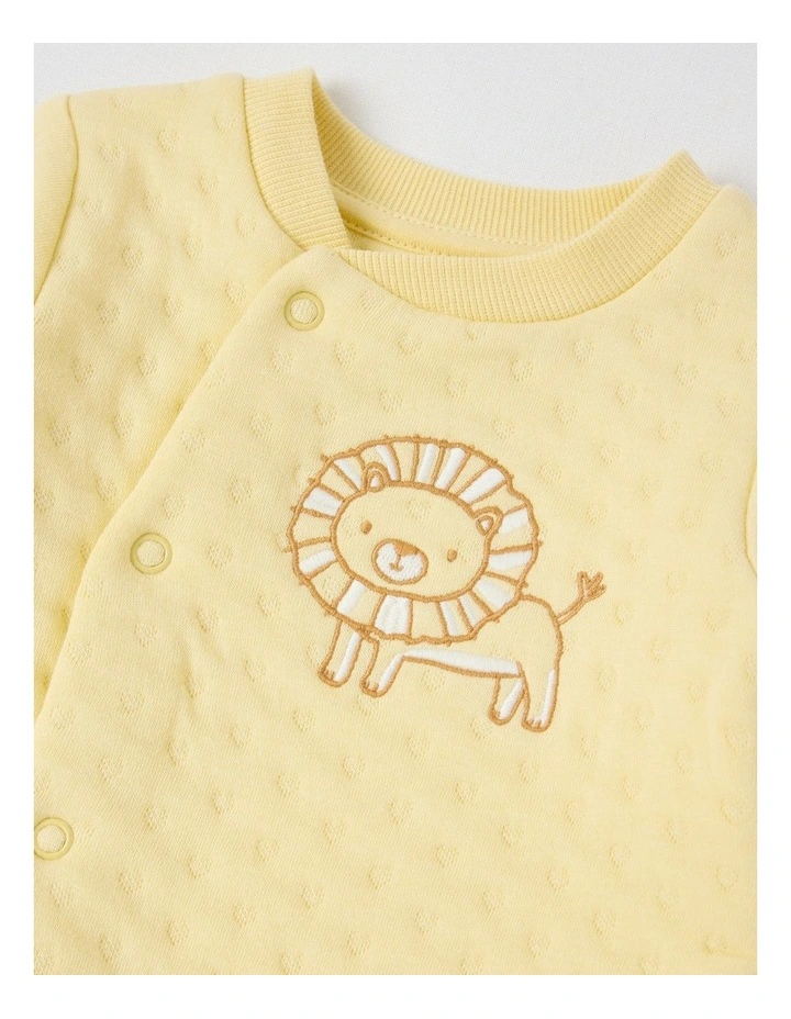 Newborn Lion Quilted Embroidered Coverall in Lemon image 2