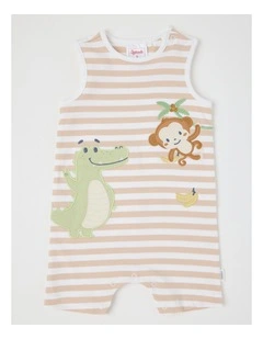 Monkey Stripe Romper in Beige