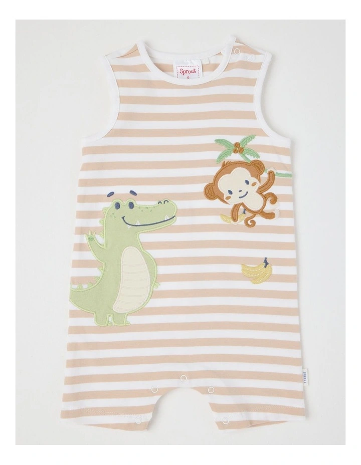 Monkey Stripe Romper in Beige image 1