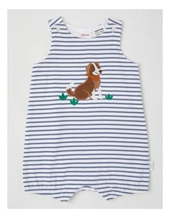 Dog Stripe Romper in Mid Blues