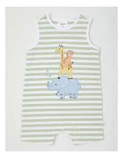 Sprout Animal Stack Stripe Romper in Light Khaki