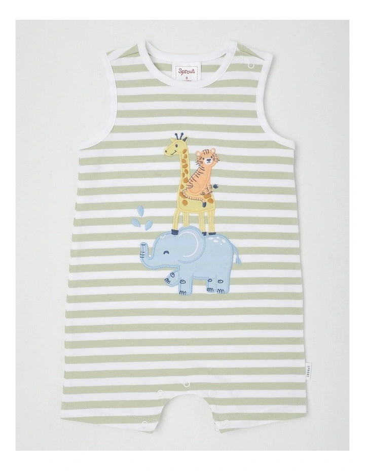Sprout Animal Stack Stripe Romper in Light Khaki image 1