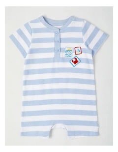 Ocean Badge Stripe Terry Romper in Bluestone