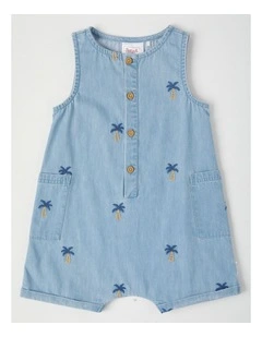 Embroidered Chambray Romper in Dusty Blue
