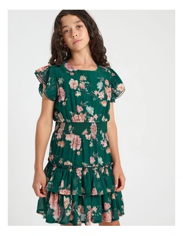 Izzy Shirred Chiffon Dress in Emerald
