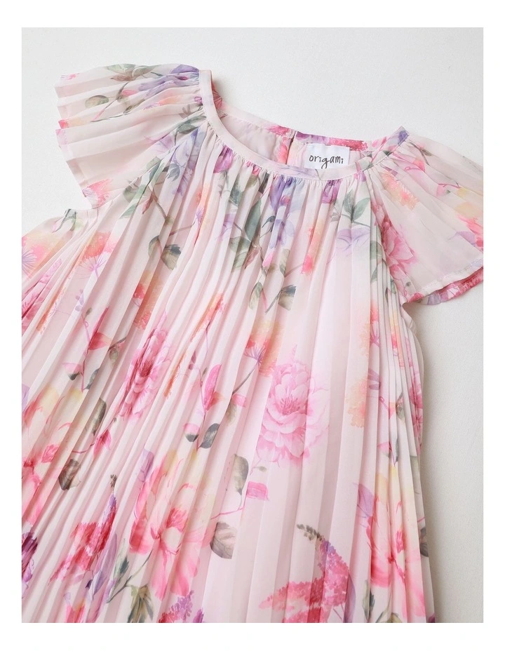 Lola Short Sleeve Pleated Dress with Floral Print in Pink image 2