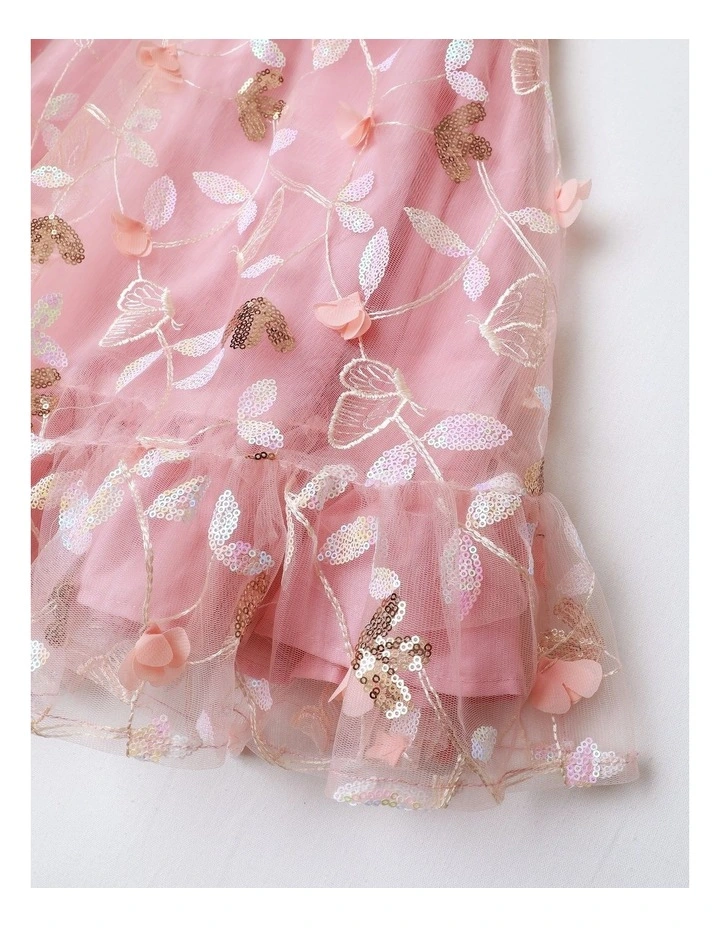 Evie Short Sleeve Dress with Tulle and Sequins in Pink image 3