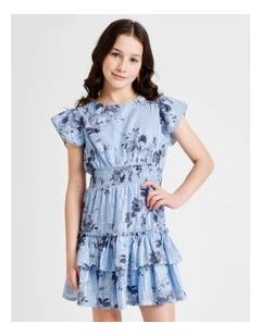 Izzy Short Sleeve Mini Dress with Ruffles and Shirred Waist in Blue