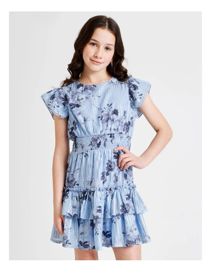 Izzy Short Sleeve Mini Dress with Ruffles and Shirred Waist in Blue image 1
