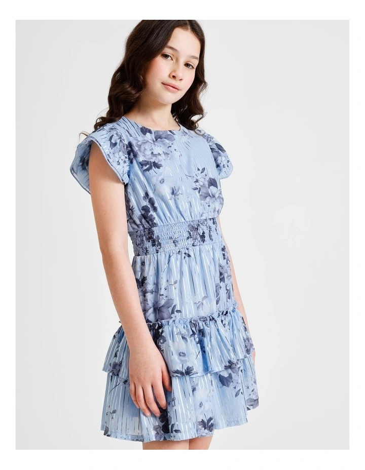 Izzy Short Sleeve Mini Dress with Ruffles and Shirred Waist in Blue image 2