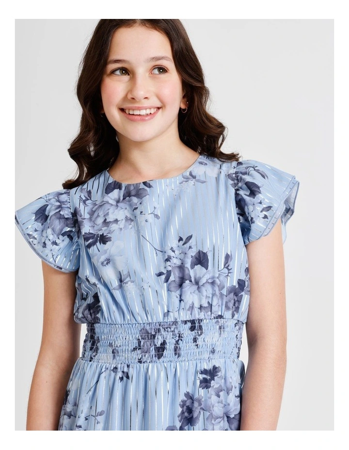 Izzy Short Sleeve Mini Dress with Ruffles and Shirred Waist in Blue image 3