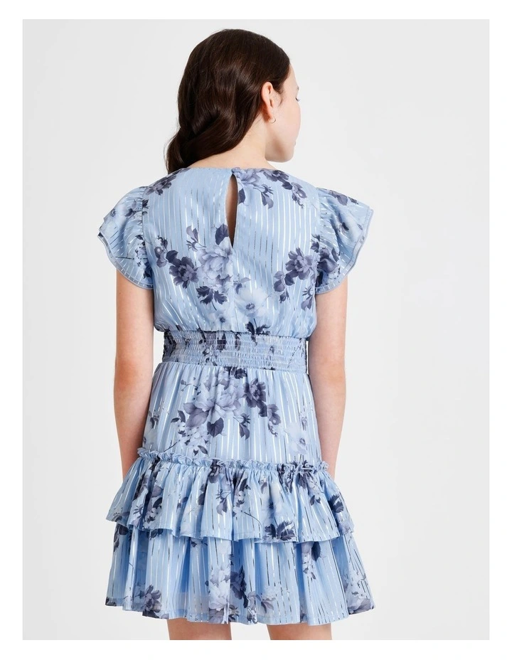 Izzy Short Sleeve Mini Dress with Ruffles and Shirred Waist in Blue image 4