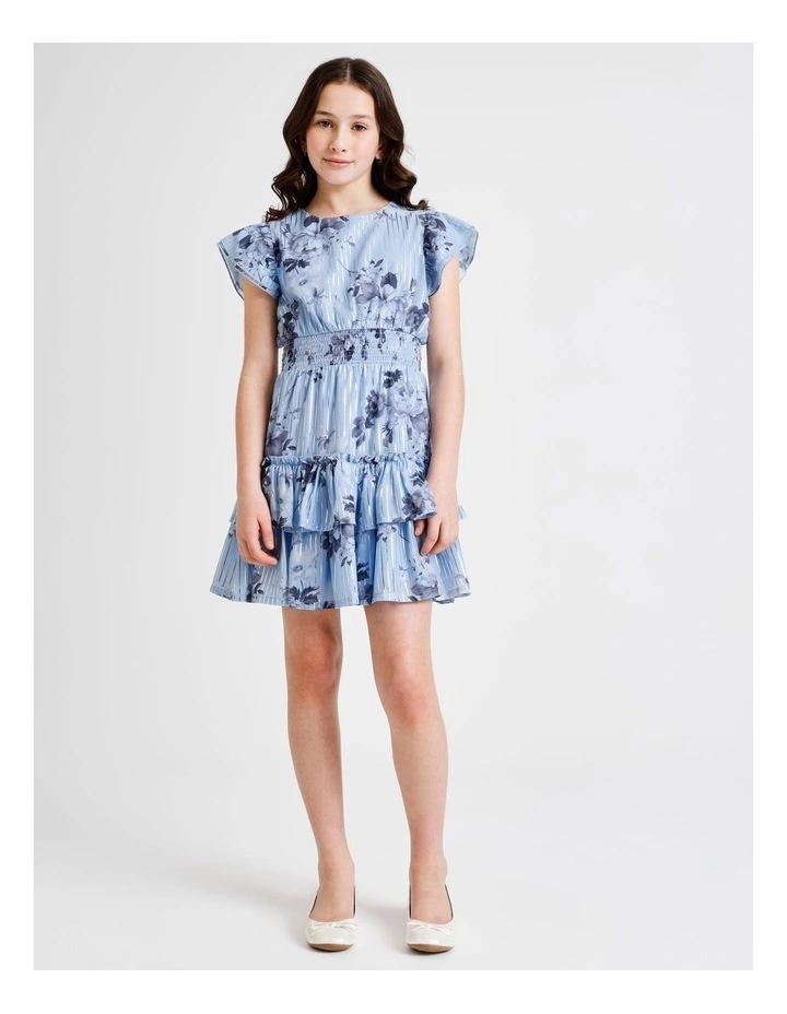 Izzy Short Sleeve Mini Dress with Ruffles and Shirred Waist in Blue image 5