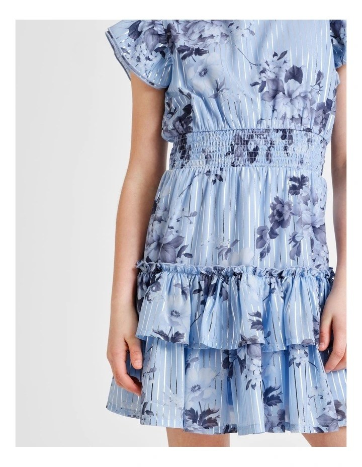 Izzy Short Sleeve Mini Dress with Ruffles and Shirred Waist in Blue image 6