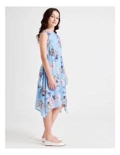 Chloe Sleeveless Hankerchief Hem Chiffon Dress with Gold in Blue Floral
