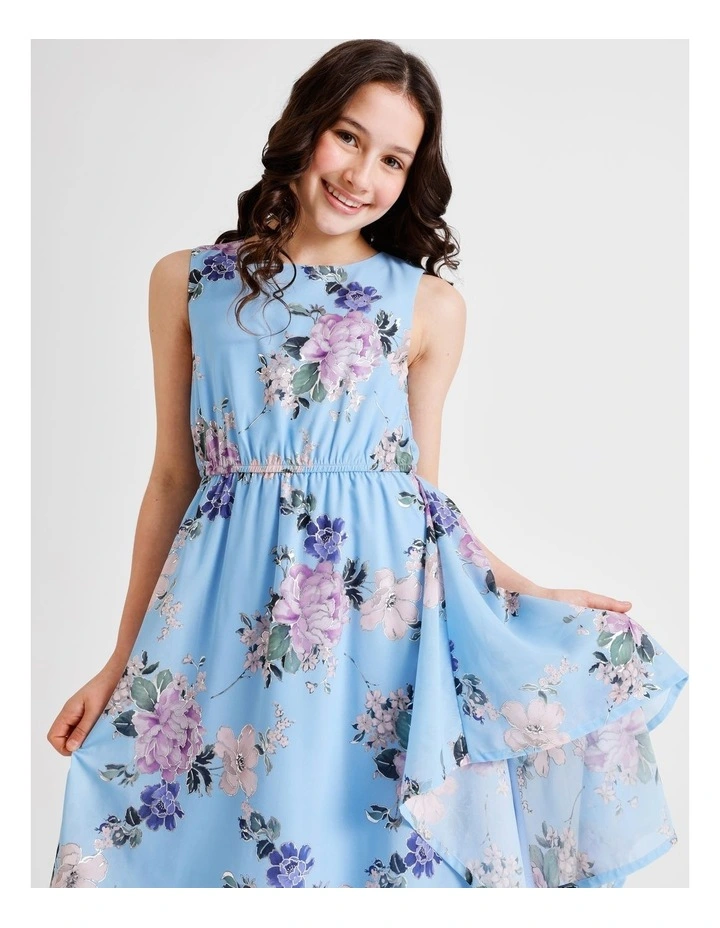 Chloe Sleeveless Hankerchief Hem Chiffon Dress with Gold in Blue Floral image 2