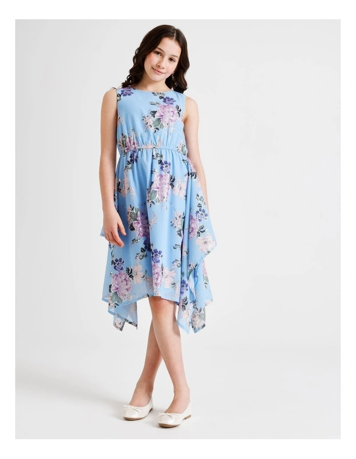 Chloe Sleeveless Hankerchief Hem Chiffon Dress with Gold in Blue Floral image 3