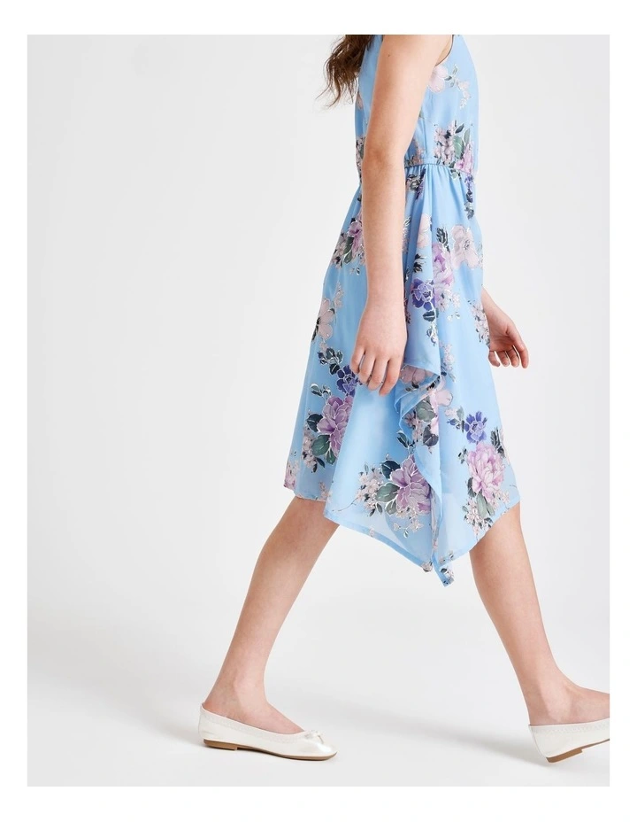 Chloe Sleeveless Hankerchief Hem Chiffon Dress with Gold in Blue Floral image 4