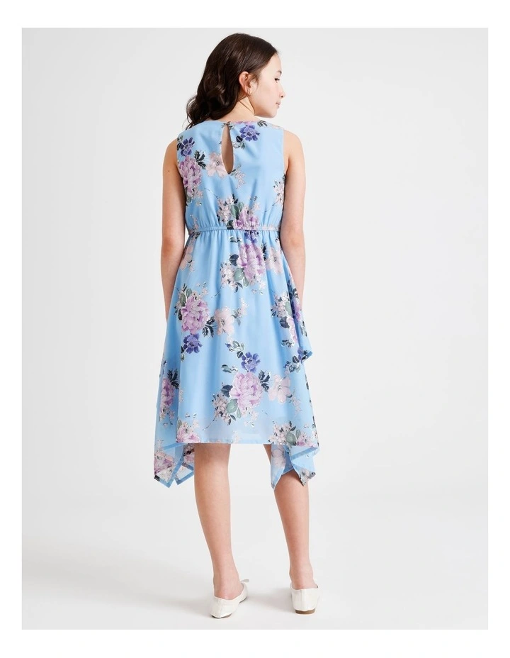 Chloe Sleeveless Hankerchief Hem Chiffon Dress with Gold in Blue Floral image 5