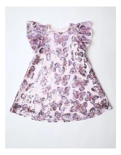 Gia Short Sleeve Sequin Butterfly A-Line Dress with Flutter Sleeve in Light Pink