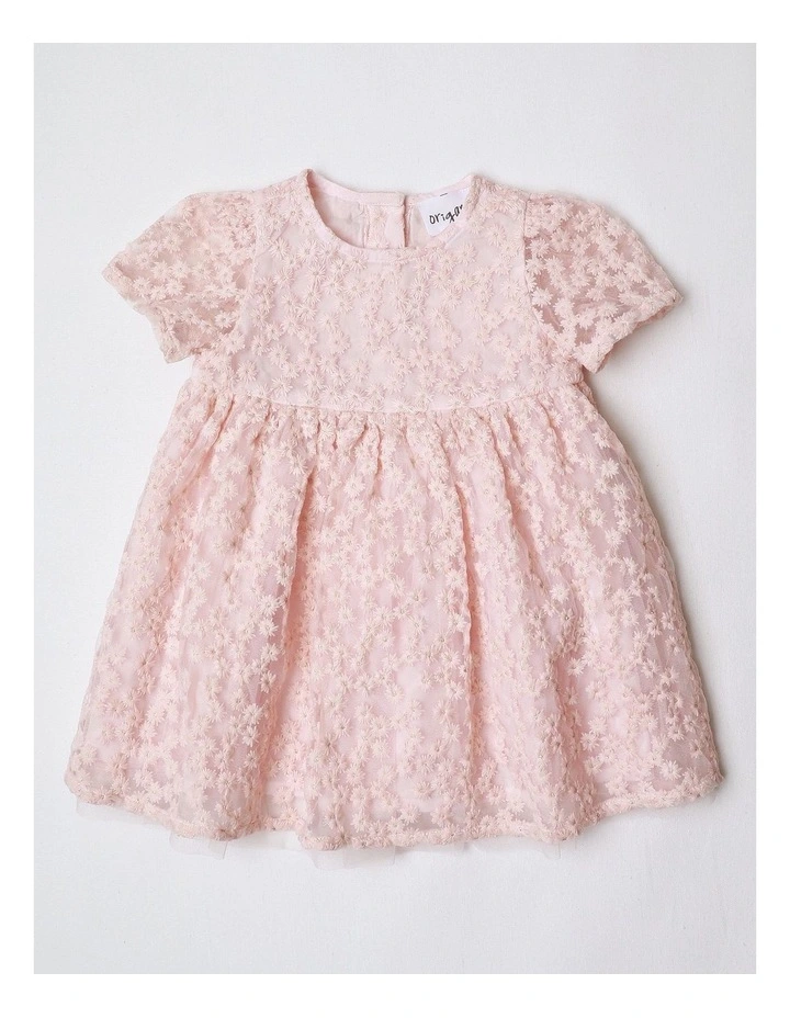 Maya Short Sleeve Fit and Flare Dress with All Over Daisy Embroidery in Pink image 1