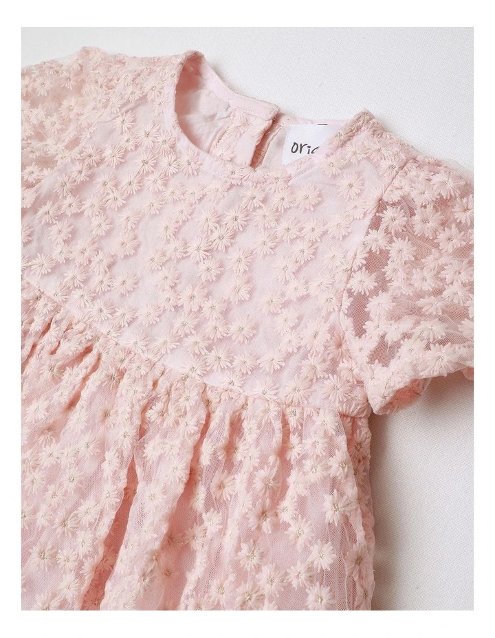 Maya Short Sleeve Fit and Flare Dress with All Over Daisy Embroidery in Pink image 2