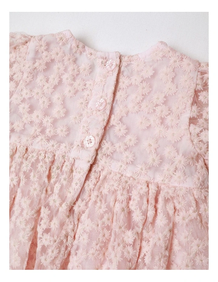 Maya Short Sleeve Fit and Flare Dress with All Over Daisy Embroidery in Pink image 4