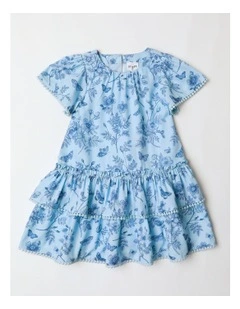 Millie Short Sleeve Dress with Tiered Drop Waist Skirt in Blue