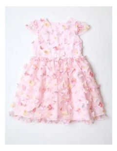 Lucinda Short Sleeve Woven Mesh Butterfly Applique Dress in Pink