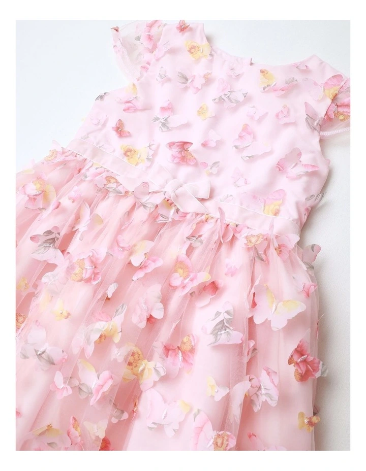Lucinda Short Sleeve Woven Mesh Butterfly Applique Dress in Pink image 2
