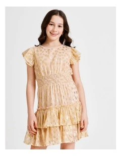 Izzy Short Sleeve Lurex Dobby Mini Dress with Ruffles and Shirred Waist in Pink