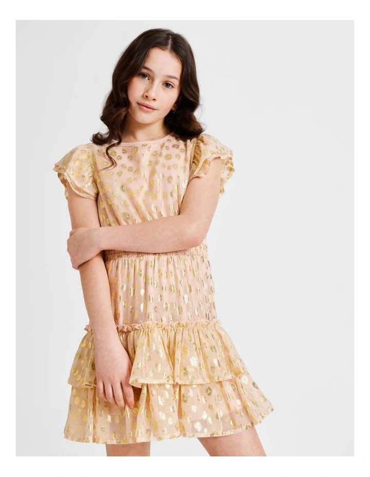 Izzy Short Sleeve Lurex Dobby Mini Dress with Ruffles and Shirred Waist in Pink image 2