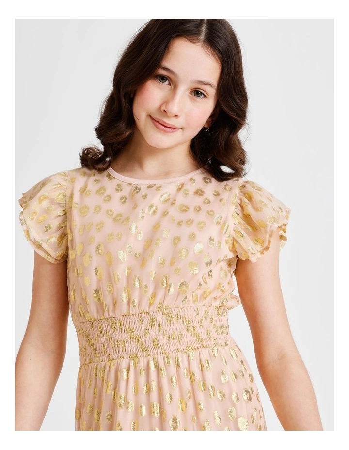 Izzy Short Sleeve Lurex Dobby Mini Dress with Ruffles and Shirred Waist in Pink image 3