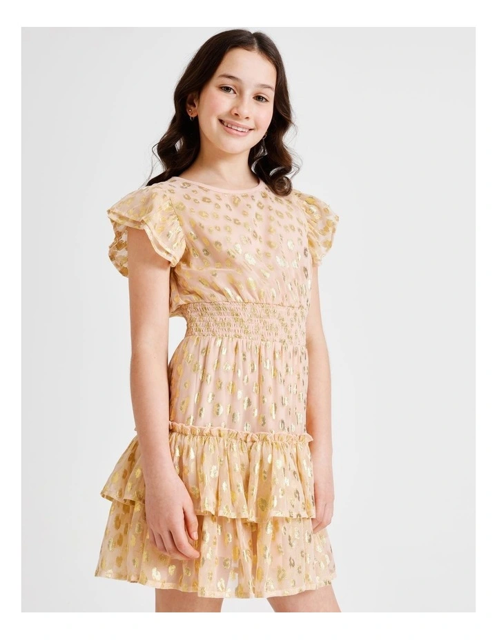 Izzy Short Sleeve Lurex Dobby Mini Dress with Ruffles and Shirred Waist in Pink image 4