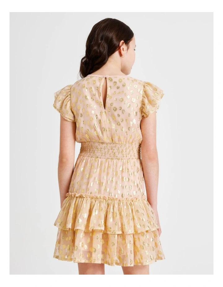 Izzy Short Sleeve Lurex Dobby Mini Dress with Ruffles and Shirred Waist in Pink image 5